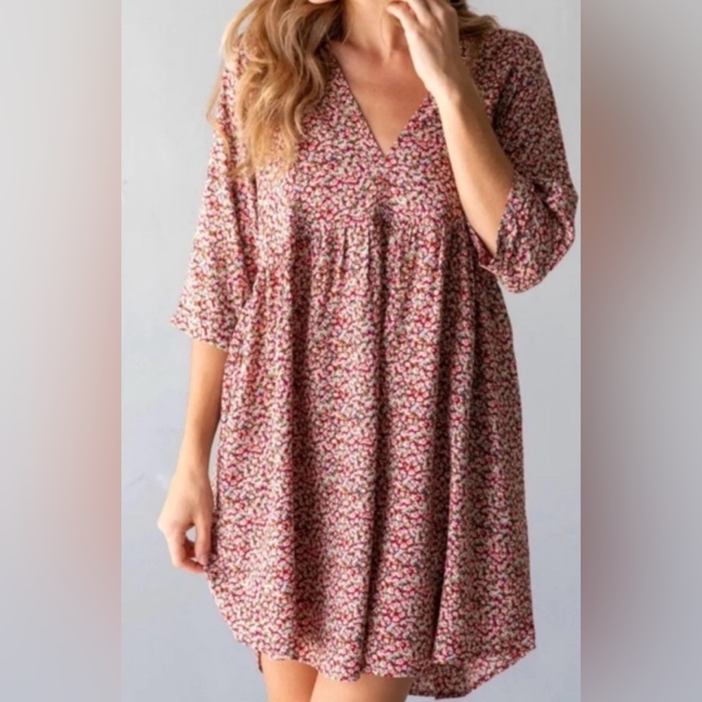 Natural Life Stella Babydoll Mini Dress Pink Red Ditsy Floral V-Neck NWT XS/S